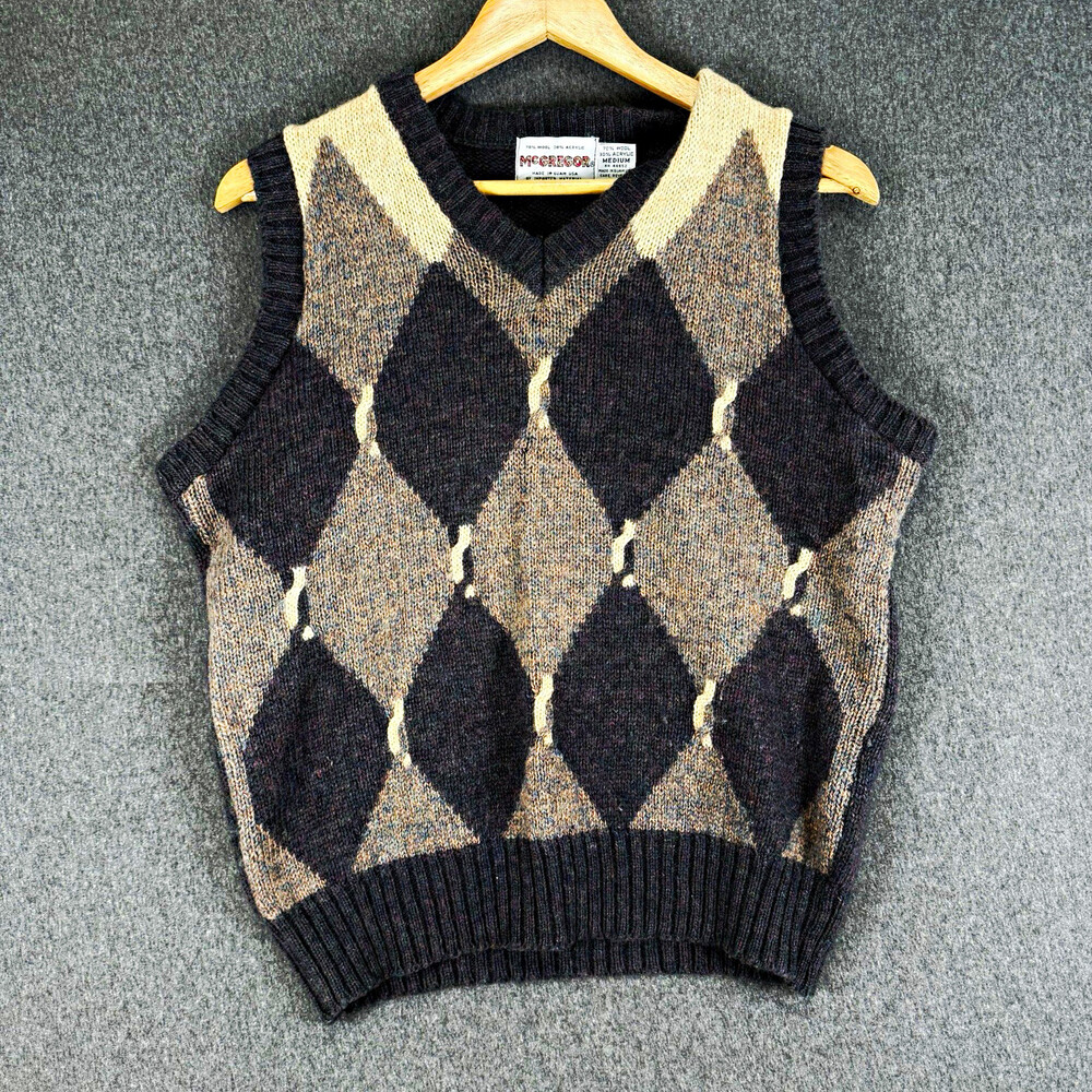 Vintage McGregor Mens Medium Wool Blend Argyle V-Neck Sweater Made in Guam USA